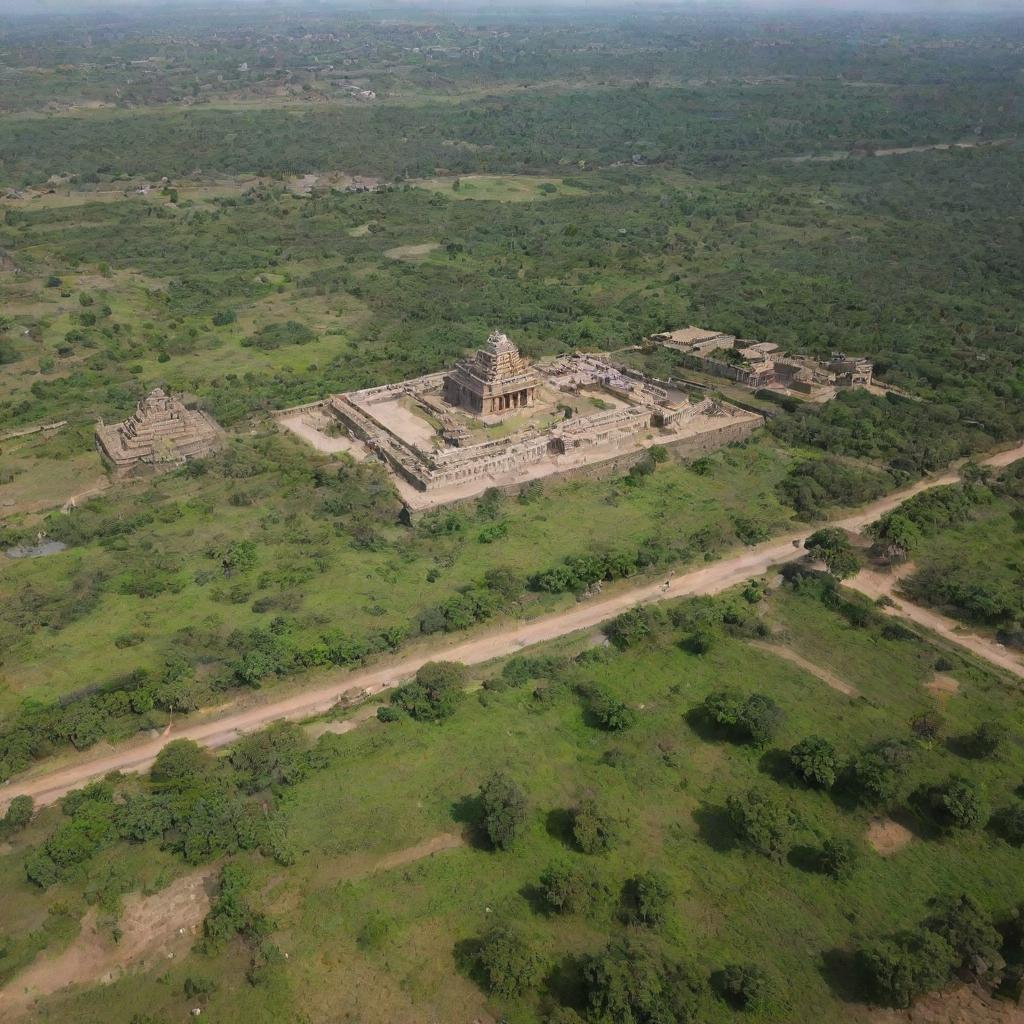 An aerial view of the ancient kingdom of Kishkinda in Hampi featuring lush greenery, intricate temples, and traditional village homes. The shot establishes the historical and cultural richness of the region.