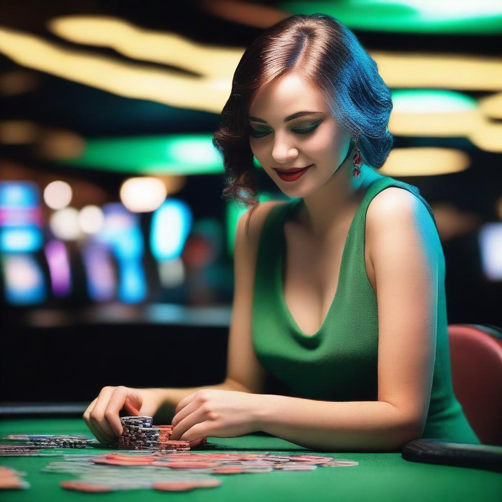 A person wearing a green dress is seated in front of a casino table