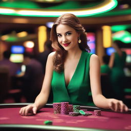 A person wearing a green dress is seated in front of a casino table