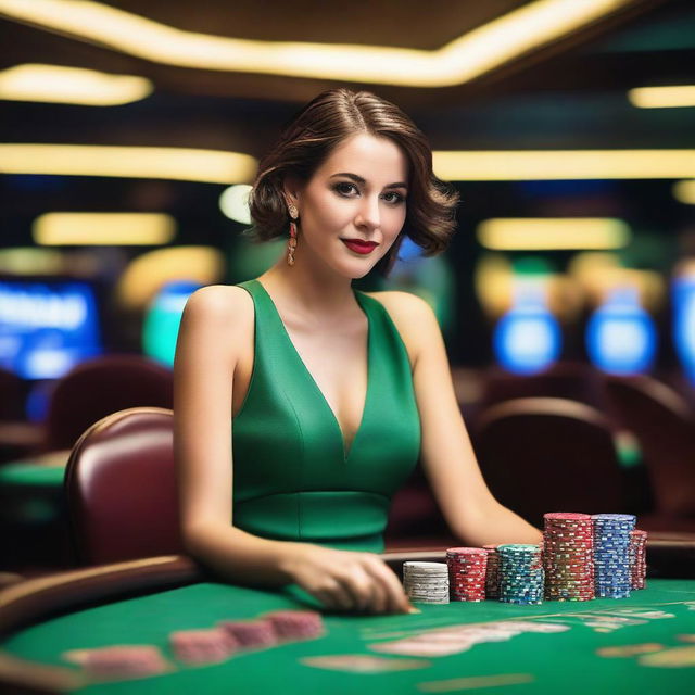 A person wearing a green dress is seated in front of a casino table