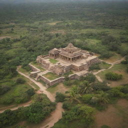 An aerial view of the ancient kingdom of Kishkinda in Hampi featuring lush greenery, intricate temples, and traditional village homes. The shot establishes the historical and cultural richness of the region.