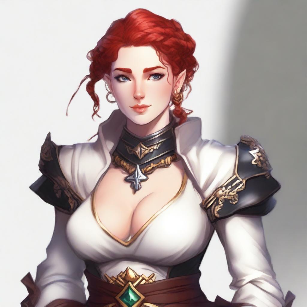 A half-elf cleric with red hair styled in a French braid, wearing white and black armored robes