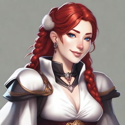 A half-elf cleric with red hair styled in a French braid, wearing white and black armored robes