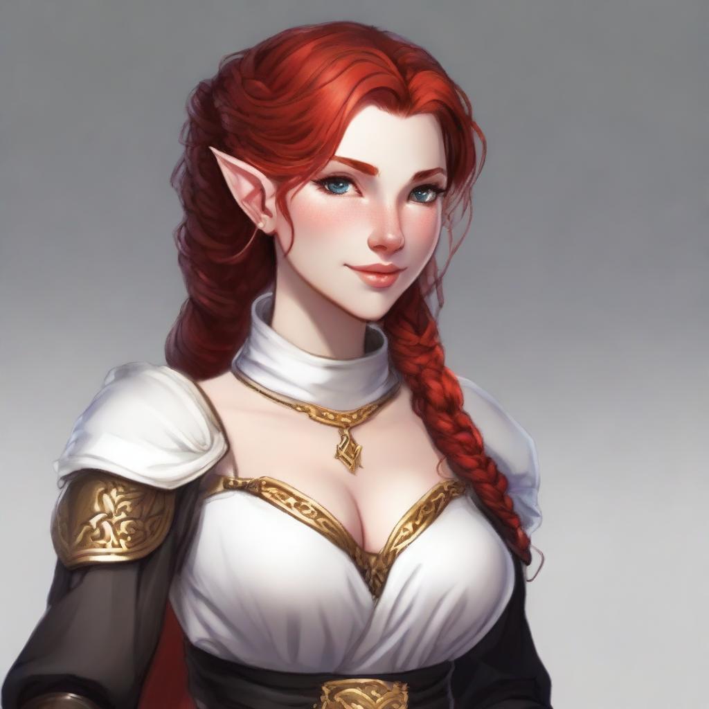 A half-elf cleric with red hair styled in a French braid, wearing white and black armored robes