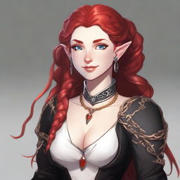 A half-elf cleric with red hair styled in a French braid, wearing white and black armored robes