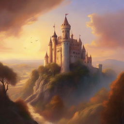 A majestic medieval castle perched on a hill, bathed in the warm hues of a setting sun