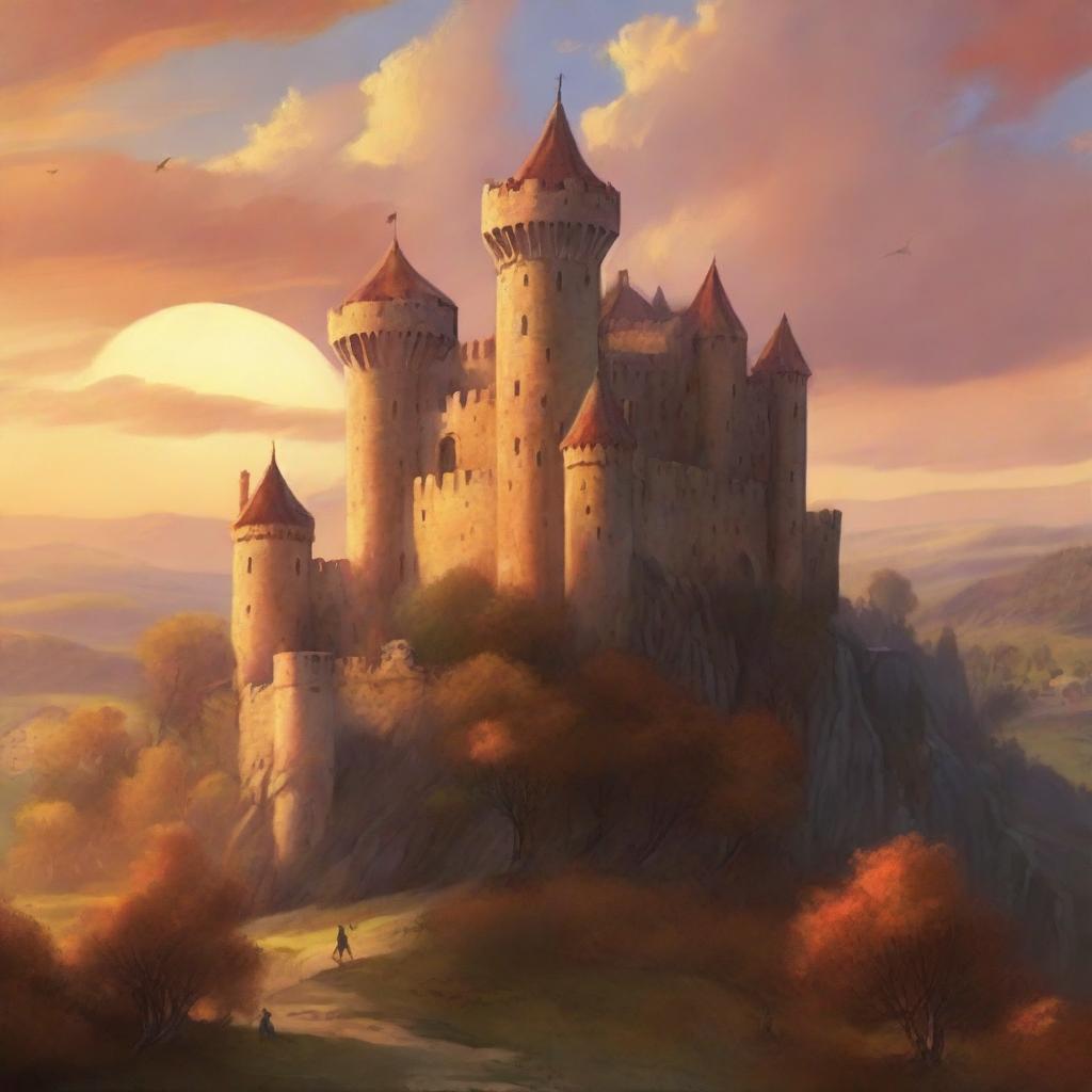 A majestic medieval castle perched on a hill, bathed in the warm hues of a setting sun