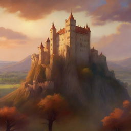 A majestic medieval castle perched on a hill, bathed in the warm hues of a setting sun