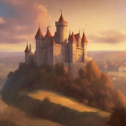 A majestic medieval castle perched on a hill, bathed in the warm hues of a setting sun