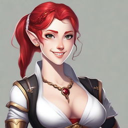 A half elf with red hair, styled in a French braid, wearing white and black armored robes