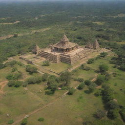 An aerial view of the ancient kingdom of Kishkinda in Hampi featuring lush greenery, intricate temples, and traditional village homes. The shot establishes the historical and cultural richness of the region.