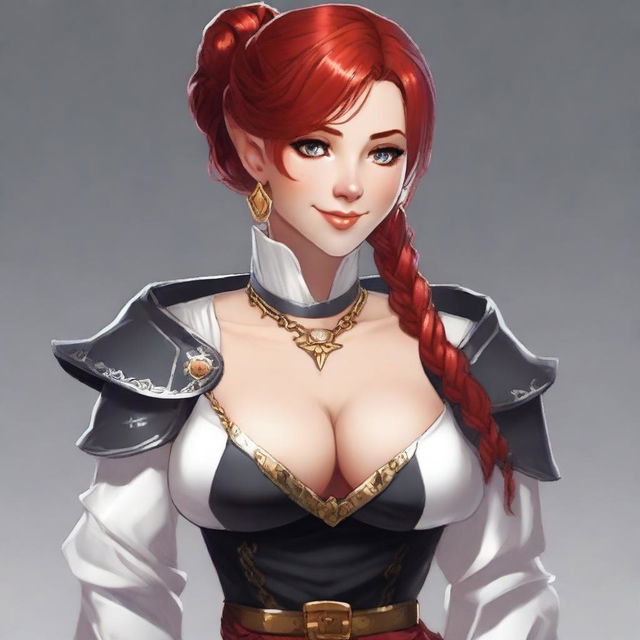 A half elf with red hair, styled in a French braid, wearing white and black armored robes