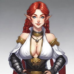 A half elf with red hair, styled in a French braid, wearing white and black armored robes