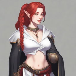 A half elf with red hair, styled in a French braid, wearing white and black armored robes