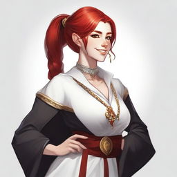 A half-elf cleric with red hair styled in a ponytail braid, wearing white and black robes