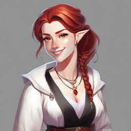 A half-elf cleric with red hair styled in a ponytail braid, wearing white and black robes