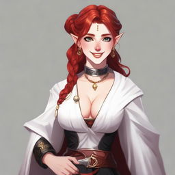 A half-elf cleric with red hair styled in a ponytail braid, wearing white and black robes