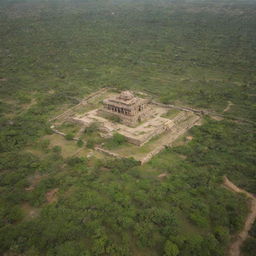 An aerial view of the ancient kingdom of Kishkinda in Hampi featuring lush greenery, intricate temples, and traditional village homes. The shot establishes the historical and cultural richness of the region.