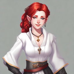 A half-elf cleric with red hair styled in a ponytail braid, wearing white and black robes