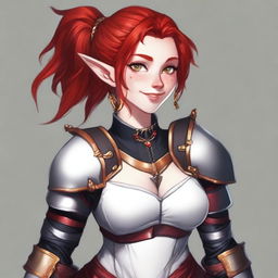 A half-elf cleric with red hair styled in a ponytail, wearing white and black half plate armor