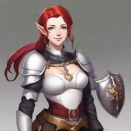 A half-elf cleric with red hair styled in a ponytail, wearing white and black half plate armor