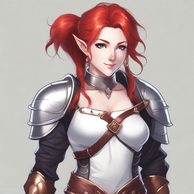 A half-elf cleric with red hair styled in a ponytail, wearing white and black half plate armor