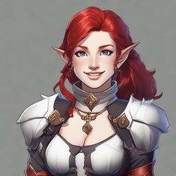 A half-elf cleric with red hair styled in a ponytail, wearing white and black half plate armor