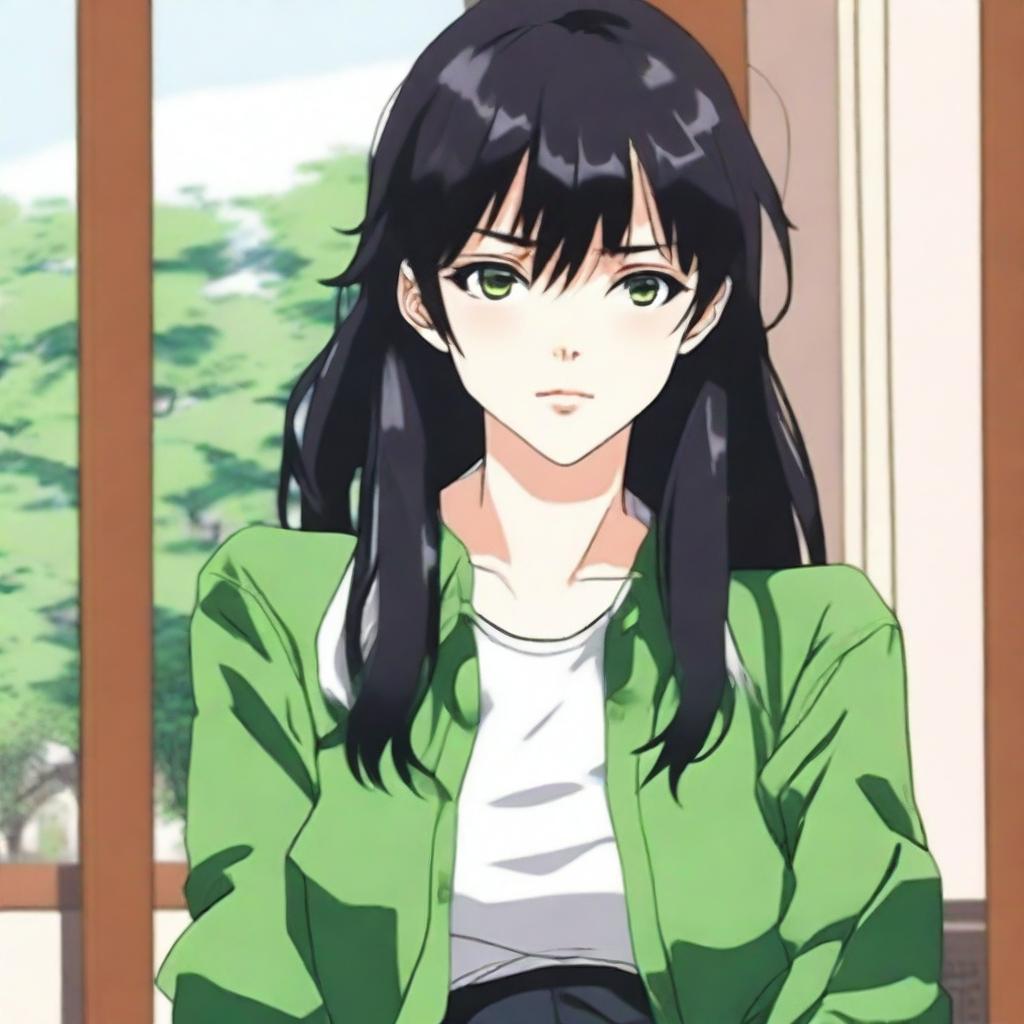 A close-up portrait of an adult anime girl with black hair styled in curtain bangs and long hair