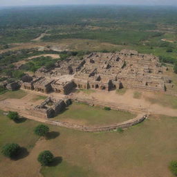 Arial view of Kishkinda Kingdom in Hampi, showcasing a medieval village within an expansive landscape, during a clear day as an establishing shot