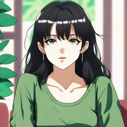 A close-up portrait of an adult anime girl with black hair styled in curtain bangs and long hair