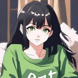 A close-up portrait of an adult anime girl with black hair styled in curtain bangs and long hair