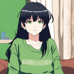 A close-up portrait of an adult anime girl with black hair styled in curtain bangs and long hair