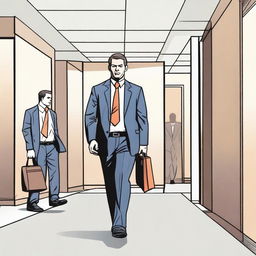 A highly detailed, wide screen comic-style illustration of a businessman walking towards a meeting room