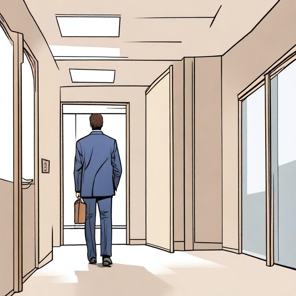 A highly detailed, wide screen comic-style illustration of a businessman walking towards a meeting room