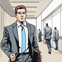 A highly detailed, wide screen comic-style illustration of a businessman walking towards a meeting room