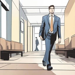 A highly detailed, wide screen comic-style illustration of a businessman walking towards a meeting room