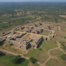 Arial view of Kishkinda Kingdom in Hampi, showcasing a medieval village within an expansive landscape, during a clear day as an establishing shot