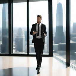 A long shot of a professional man in business attire holding up his cell phone