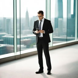 A long shot of a professional man in business attire holding up his cell phone