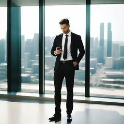 A long shot of a professional man in business attire holding up his cell phone