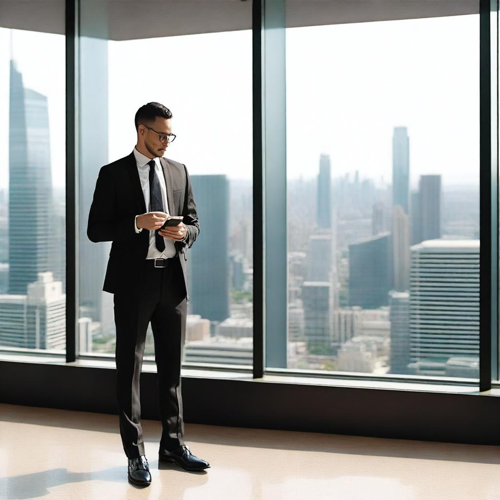 A long shot of a professional man in business attire holding up his cell phone