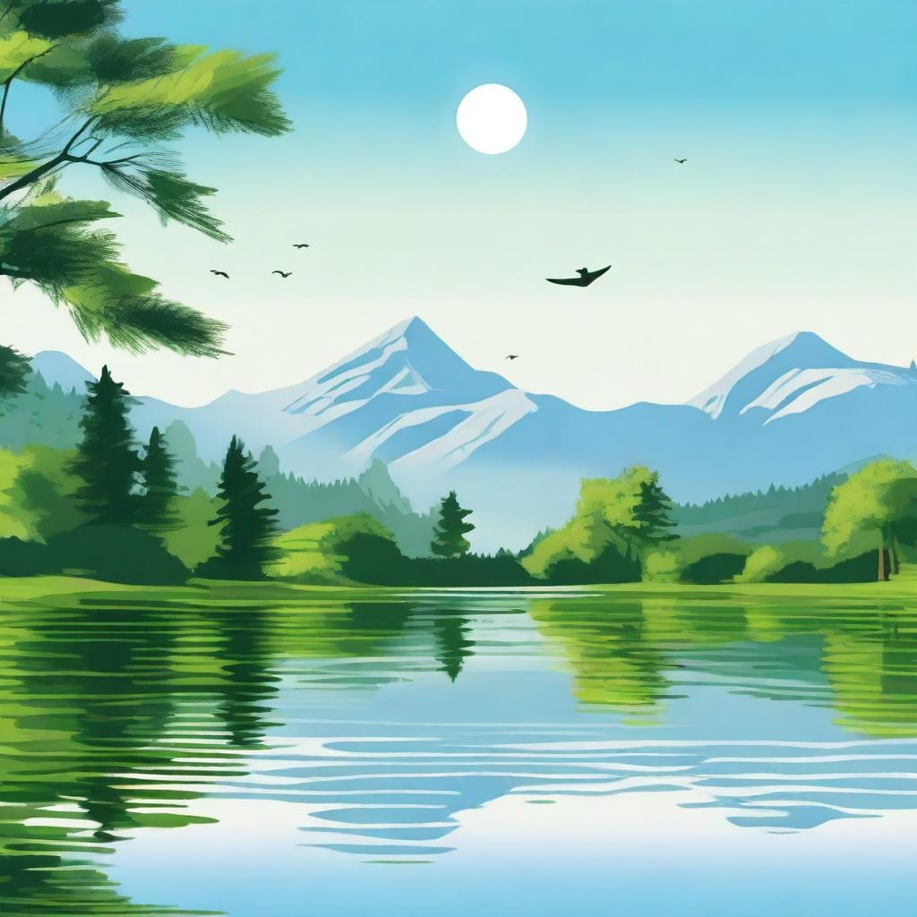 A serene landscape featuring a calm lake surrounded by lush green trees and mountains in the background under a clear blue sky