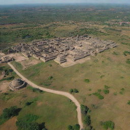 Arial view of Kishkinda Kingdom in Hampi, showcasing a medieval village within an expansive landscape, during a clear day as an establishing shot