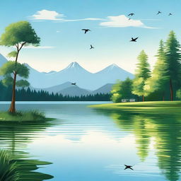 A serene landscape featuring a calm lake surrounded by lush green trees and mountains in the background under a clear blue sky