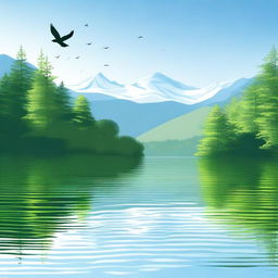 A serene landscape featuring a calm lake surrounded by lush green trees and mountains in the background under a clear blue sky