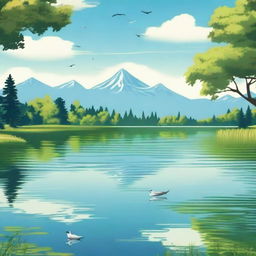 A serene landscape featuring a calm lake surrounded by lush green trees and mountains in the background under a clear blue sky