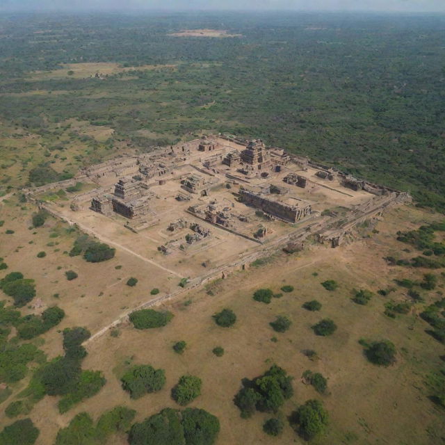 Arial view of Kishkinda Kingdom in Hampi, showcasing a medieval village within an expansive landscape, during a clear day as an establishing shot