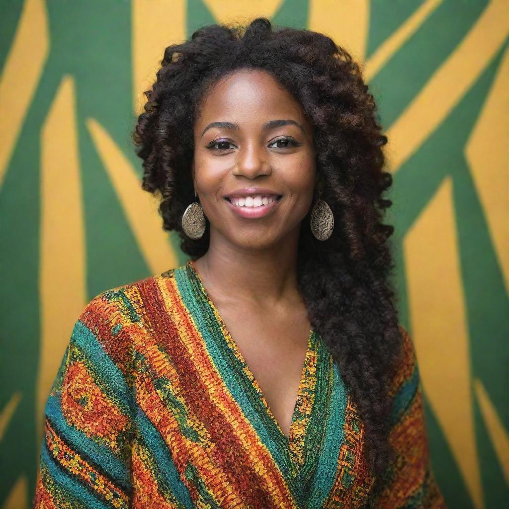 A 29-year old Jamaican-Canadian woman, exuding warmth and confidence, embracing her cultural heritage with a vibrant style reflecting her unique background