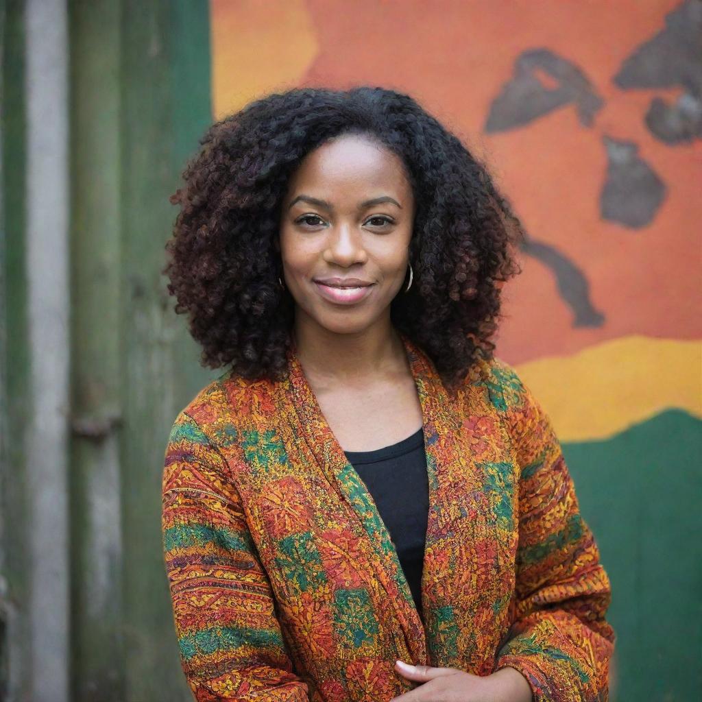 A 29-year old Jamaican-Canadian woman, exuding warmth and confidence, embracing her cultural heritage with a vibrant style reflecting her unique background