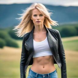 A high quality photo of a blonde sporty woman with athletic abs